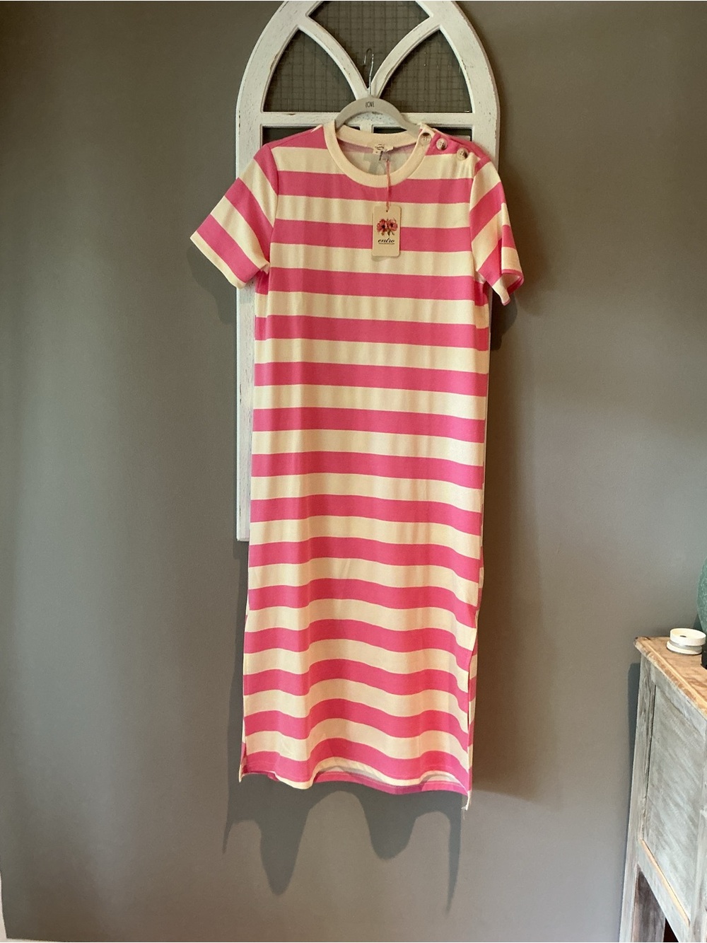 entro Pink and Cream Striped Maxi Dress with Shoulder Buttons